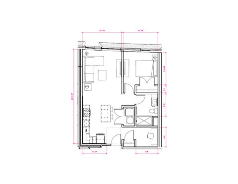 Floor plan for 1 bed, 1 bath, 665 sqft